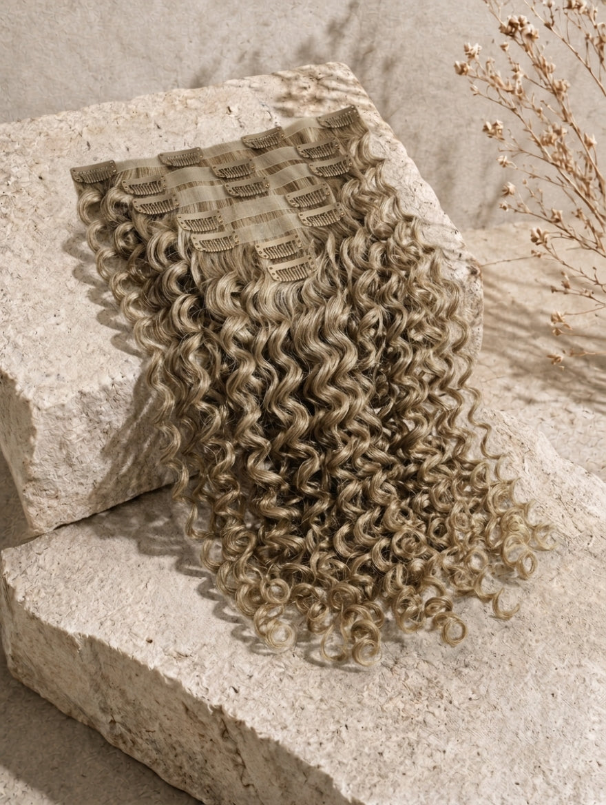 Beige blonde curly clip-in extensions with ringlets and comb clips on base