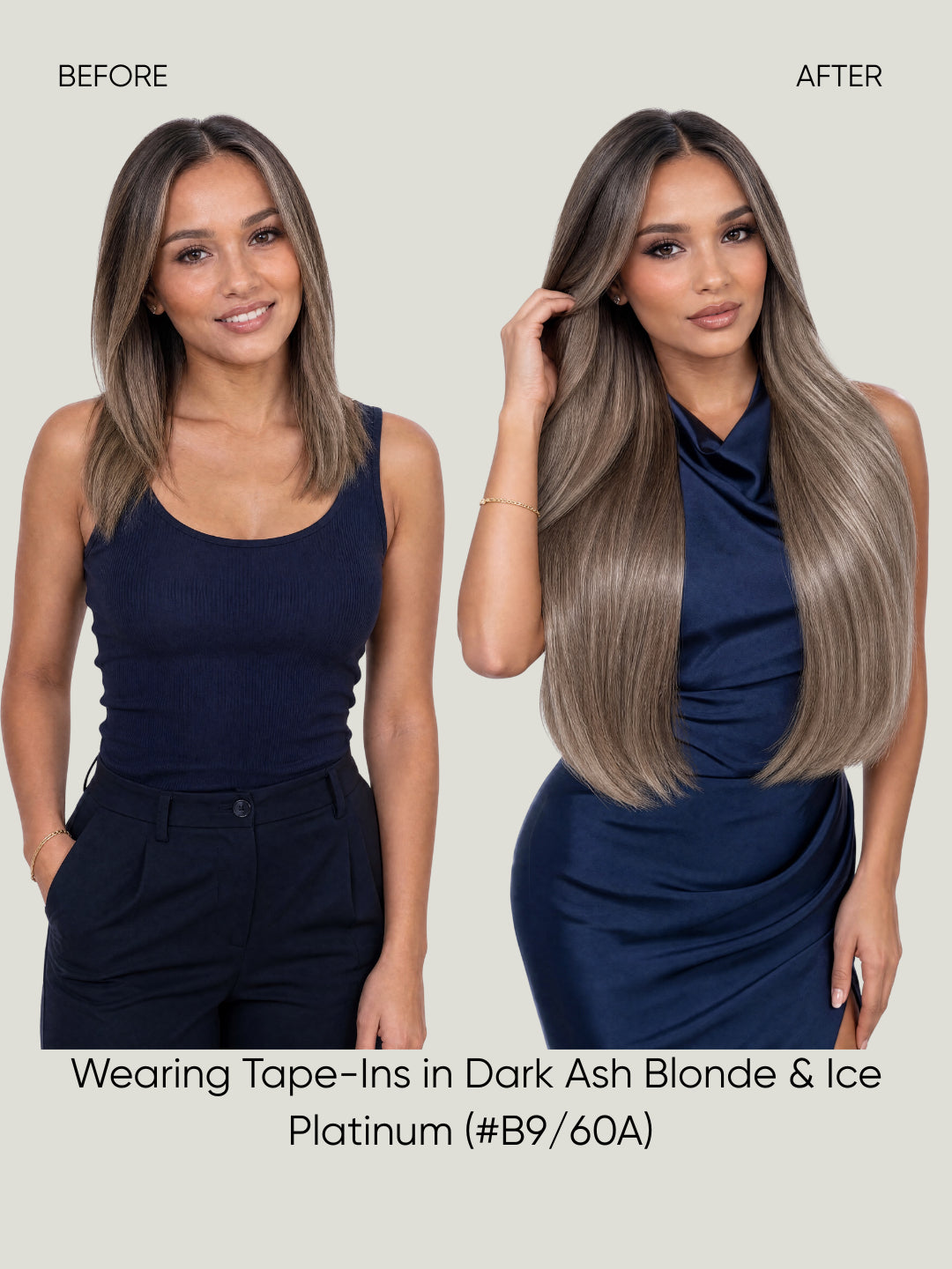 Seamless hair extensions in dark ash blonde and ice platinum, long wavy hair