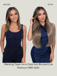 Seamless hair extensions in dark ash blonde and ice platinum, long wavy hair