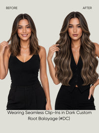 Clip-in hair extensions with long dark brown wavy hair, worn under natural-looking lighting
