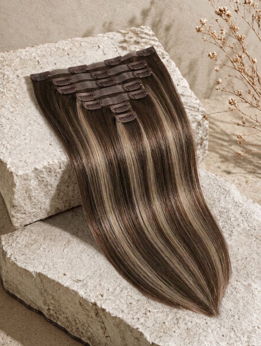 Clip-in hair extensions weft with smooth straight dark-brown hair