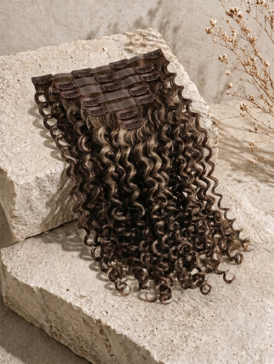 Clip-in hair extensions weft with tight curly dark-brown hair