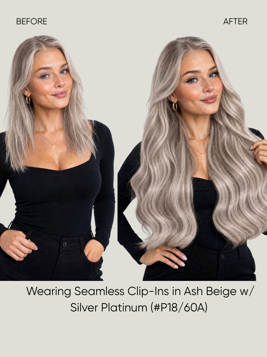 Seamless clip-in extensions, long silver-blonde hair worn with loose beachy waves.