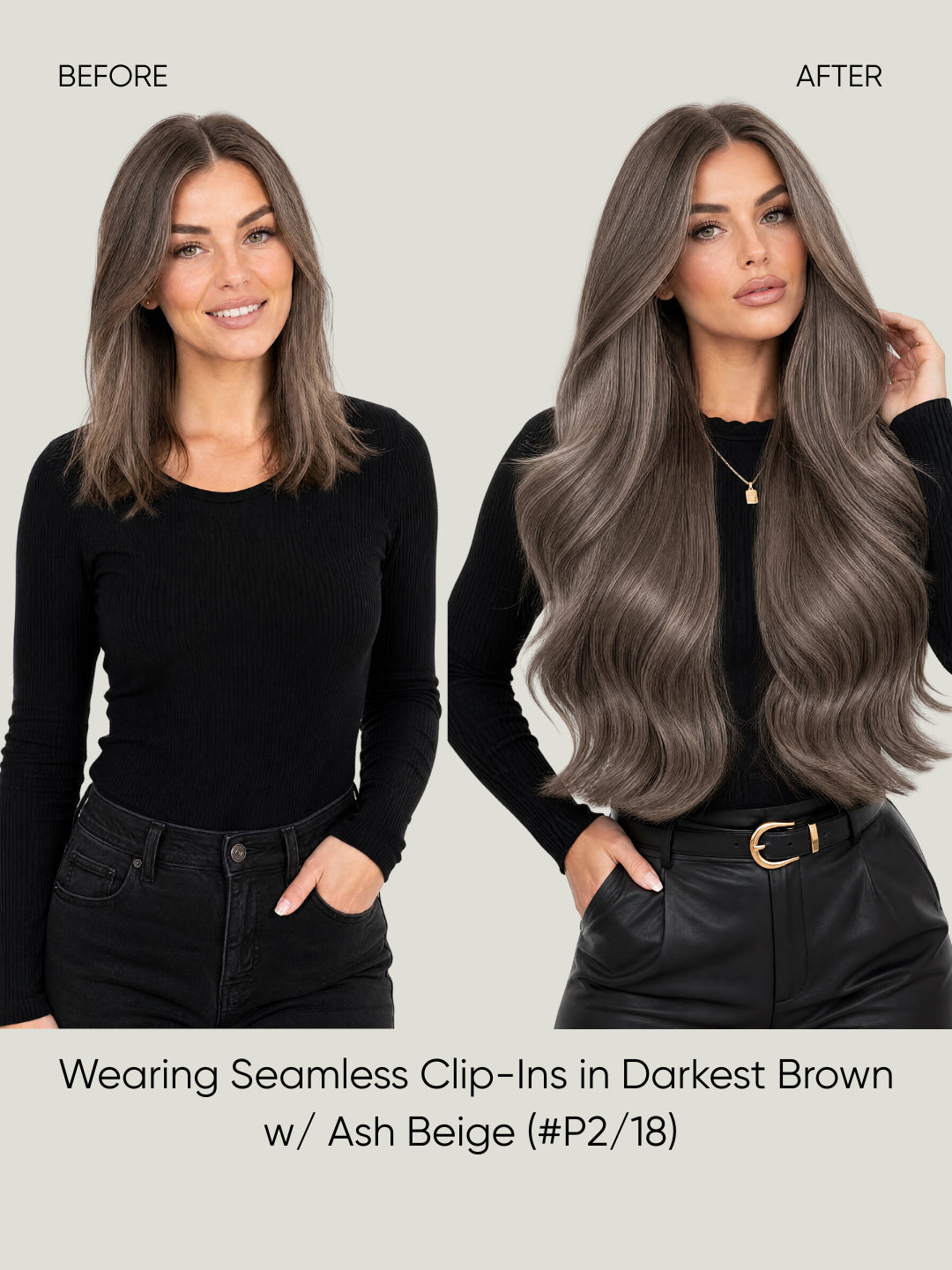 Seamless clip-in hair extensions before-and-after on a model, ash brown wavy length