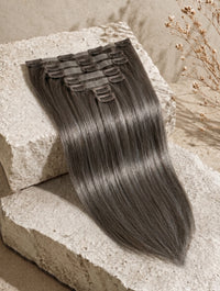 Seamless clip-in hair extensions, dark ash-brown straight with comb clips on top