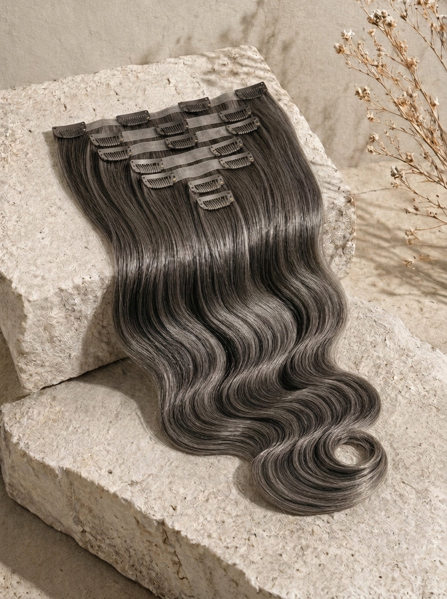 Curly seamless clip-in extensions, long cool gray hair piece with visible snap clips