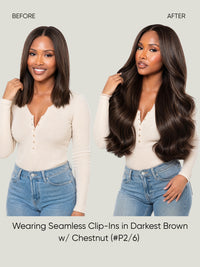 Seamless clip-in hair extensions before-and-after on a model, long dark brown waves