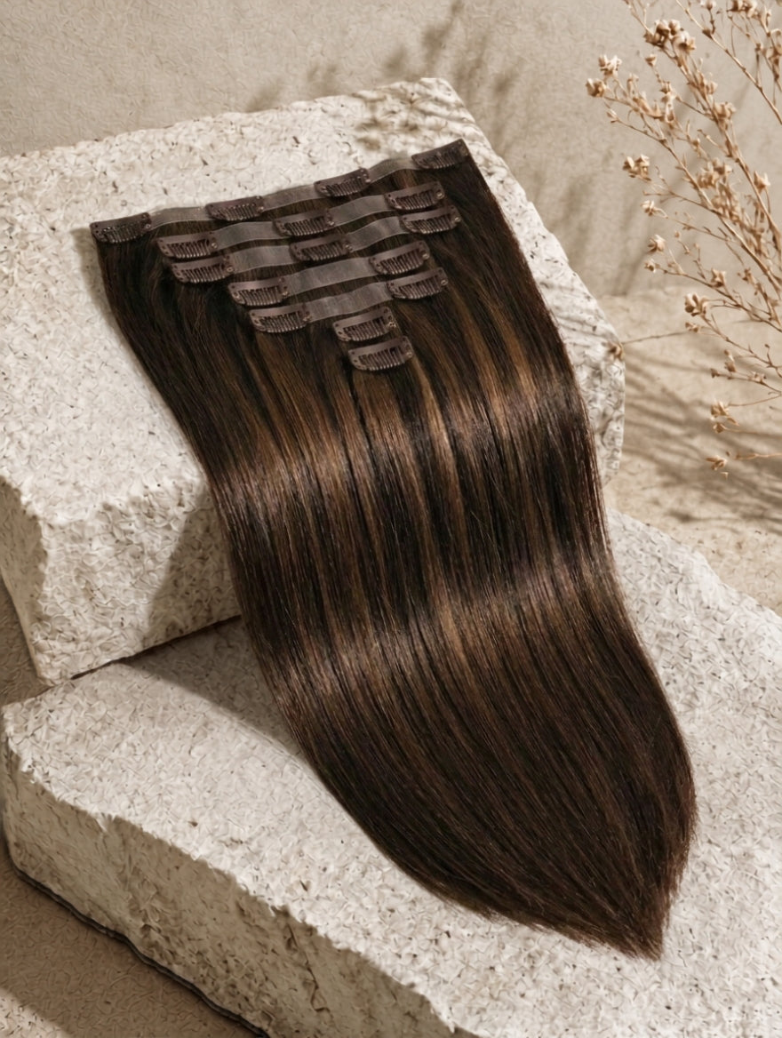 Seamless clip-in hair extensions, dark brown straight set with comb clips on top