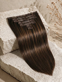 Seamless clip-in hair extensions, dark brown straight set with comb clips on top