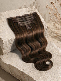 Seamless clip-in hair extensions, dark brown body wave with comb clips on top