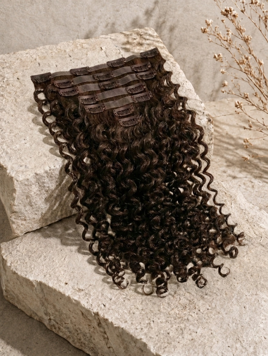 Seamless clip-in hair extensions, dark brown curly waves with comb clips on top