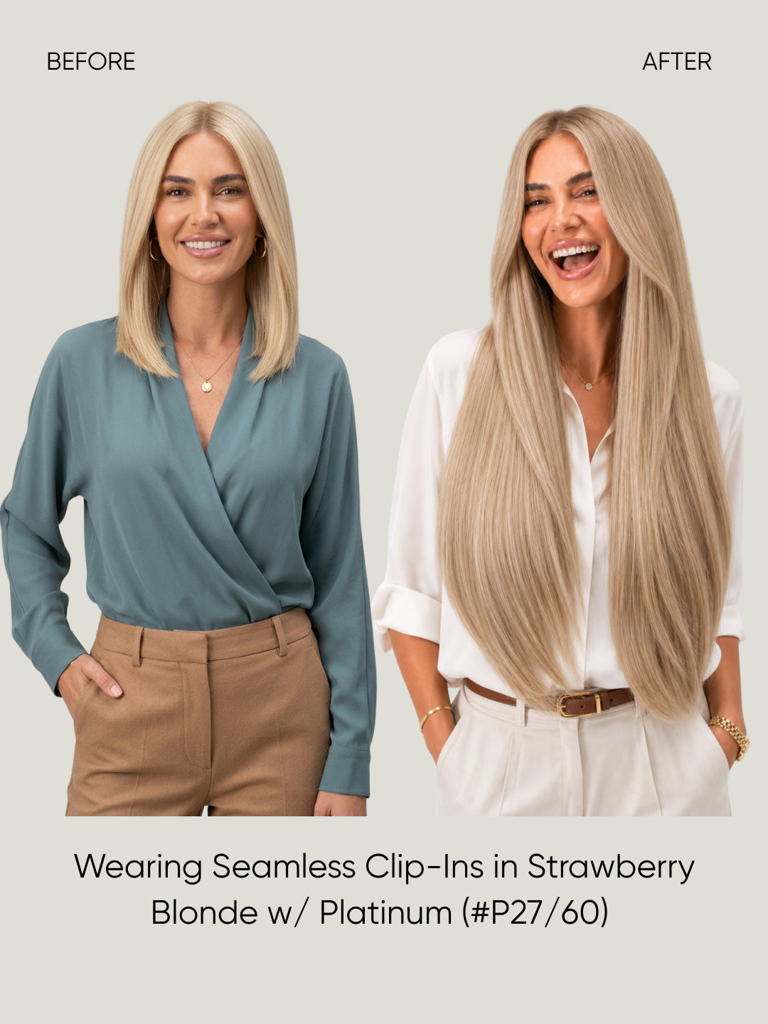 Seamless clip-in extensions, long platinum blonde hair worn straight with a smooth fall.
