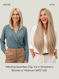 Seamless clip-in extensions, long platinum blonde hair worn straight with a smooth fall.