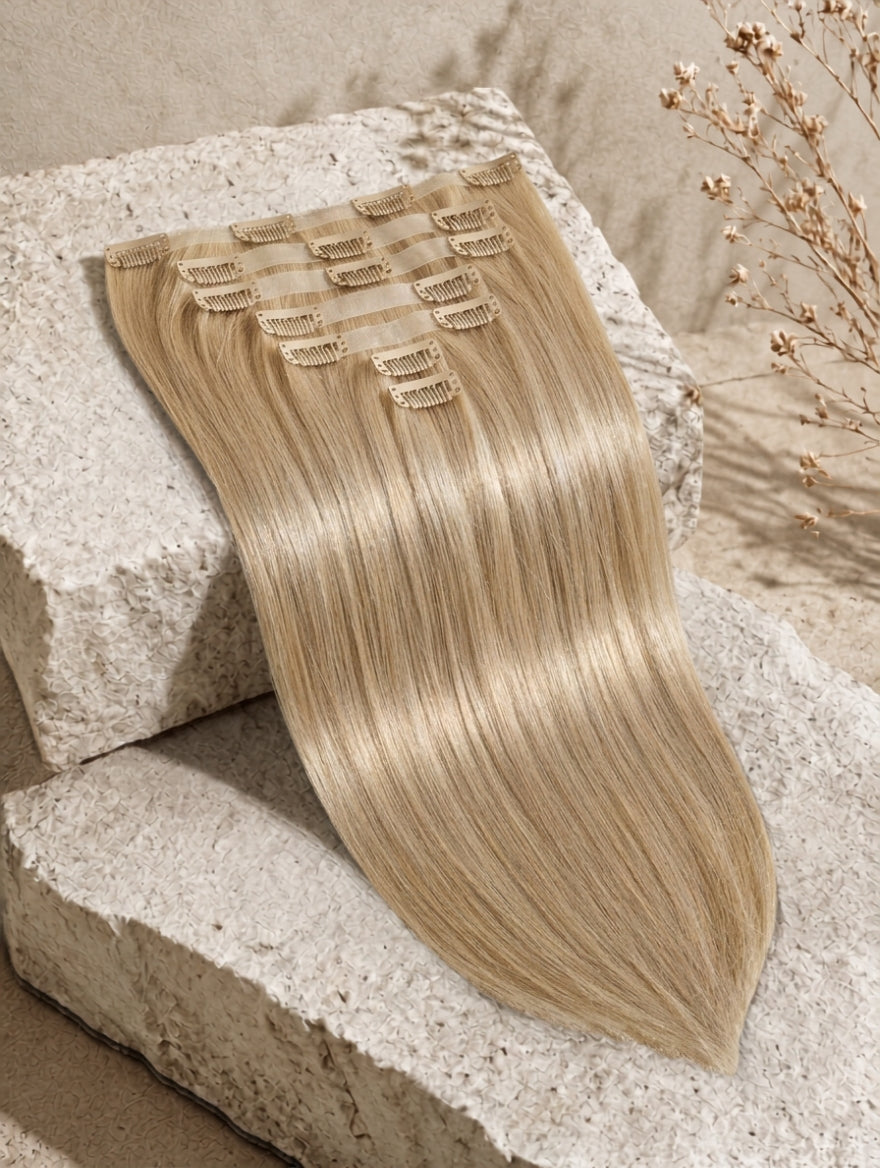 Seamless clip-in hair extension weft, ash-blonde straight strands with clips