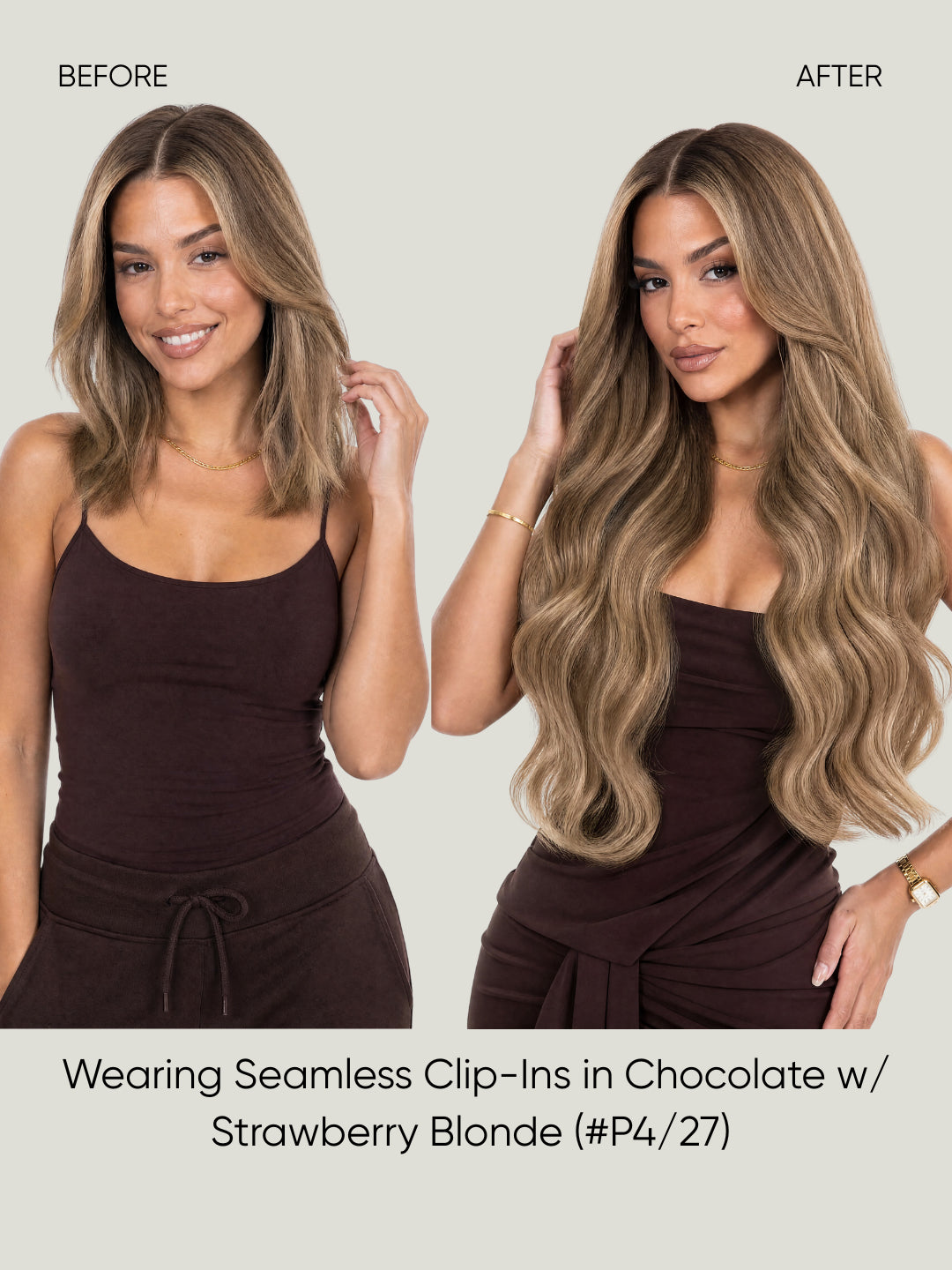 Clip-in extensions, before-and-after styling with long wavy blonde hair on model
