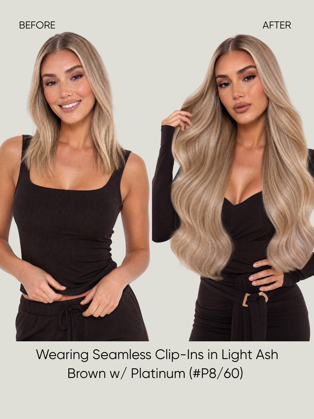 Long wavy light ash blonde clip-in hair extensions worn on model