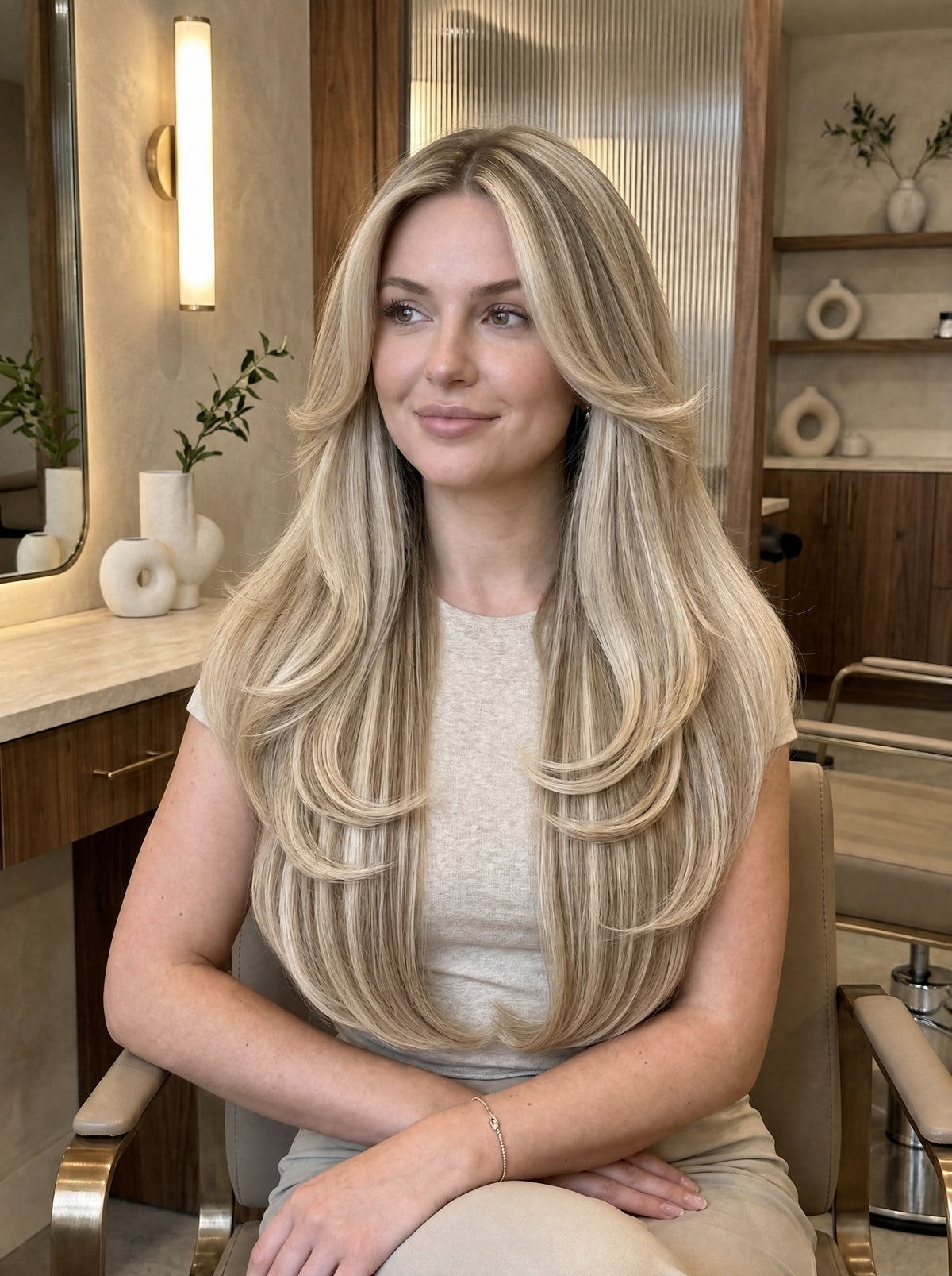 Long straight blonde clip-in hair extensions worn by model