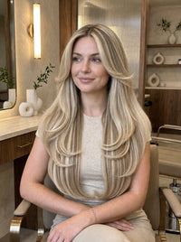 Long straight blonde clip-in hair extensions worn by model