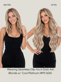 Long wavy dark ash blonde clip-in hair extensions worn on model
