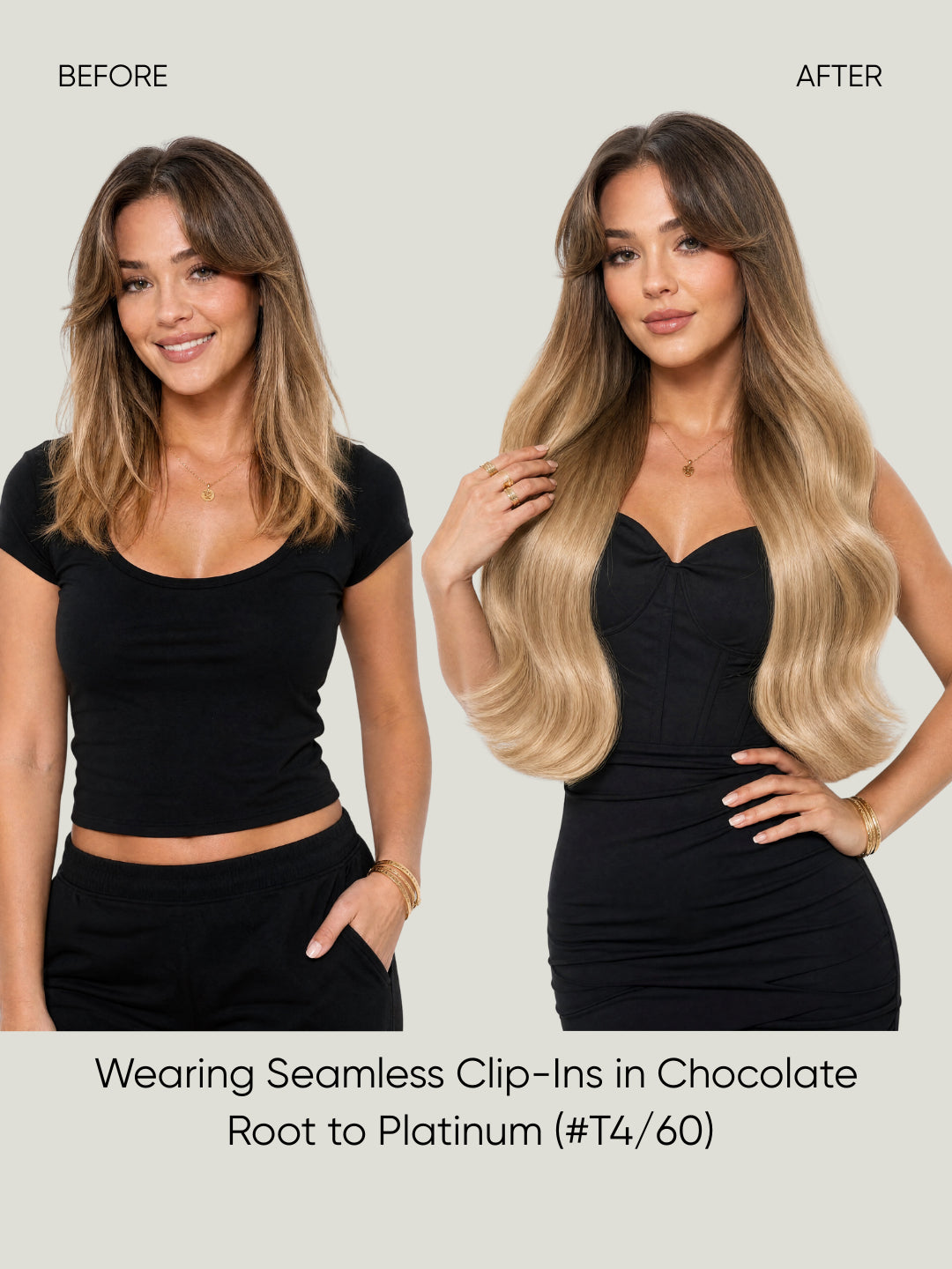 Seamless clip-in hair extensions on model, long blonde hair styling for before/after