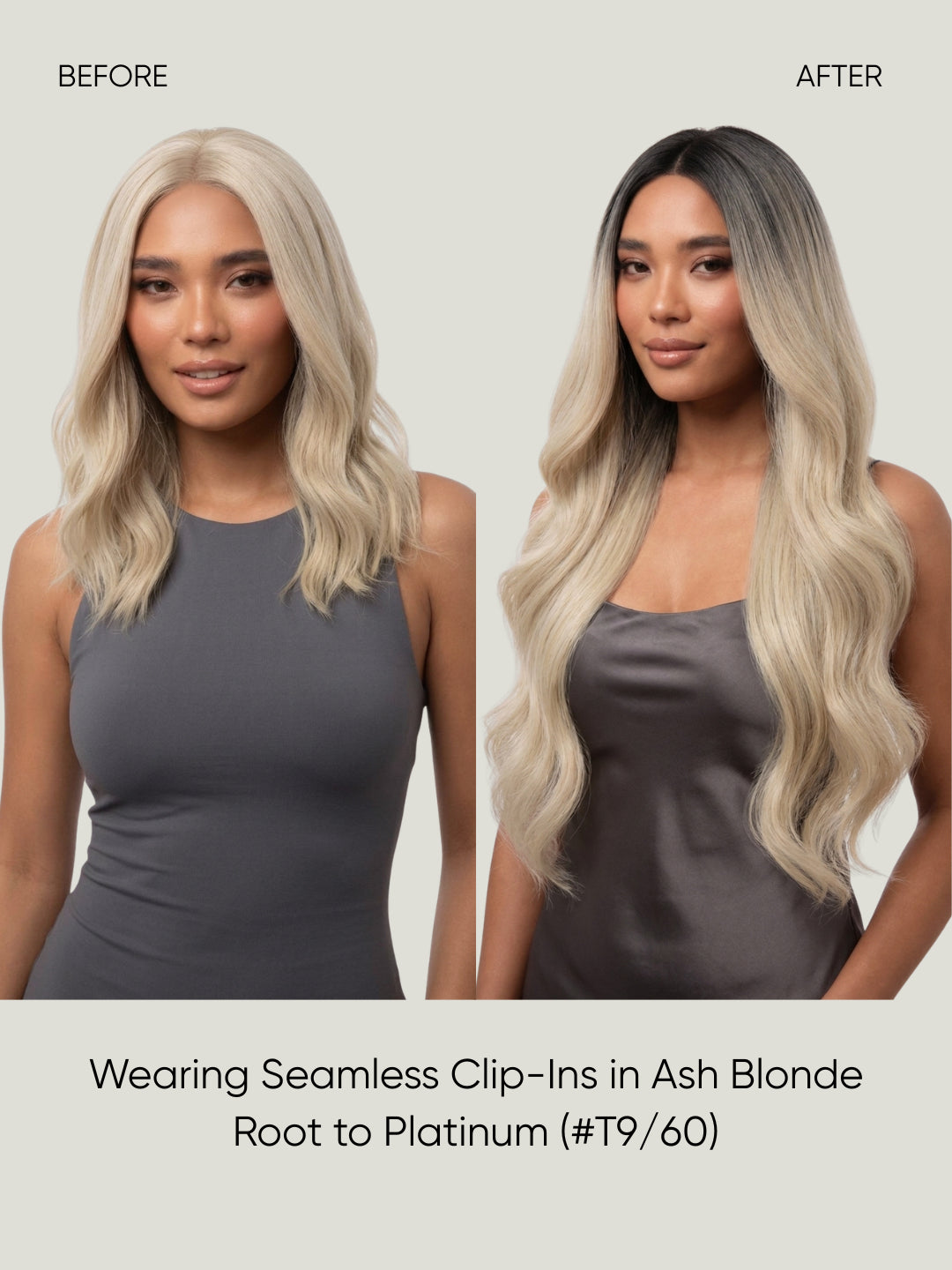 Seamless clip-in hair extensions on model, long blonde hair styling for before/after