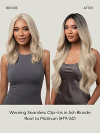 Seamless clip-in hair extensions on model, long blonde hair styling for before/after