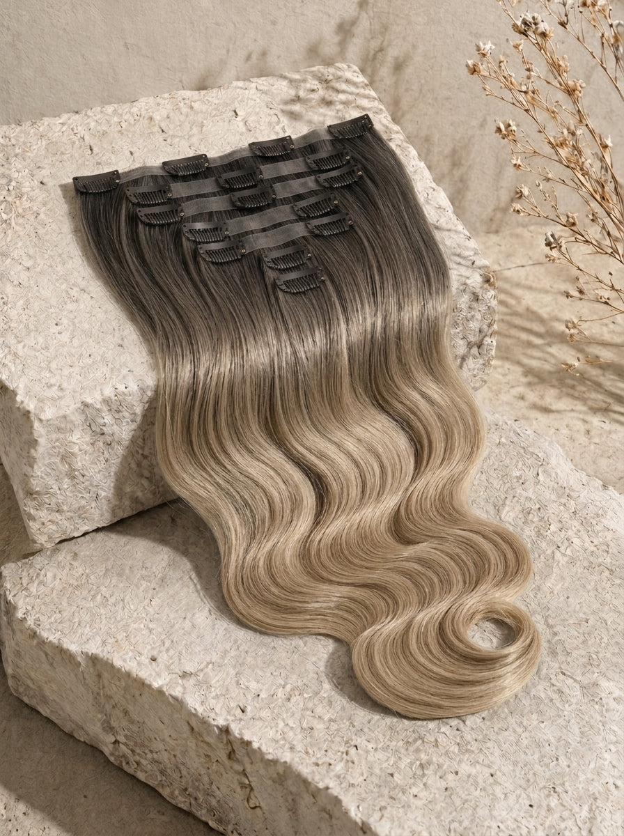 Seamless clip-in body wave weft, dark-to-light blend hair with clips