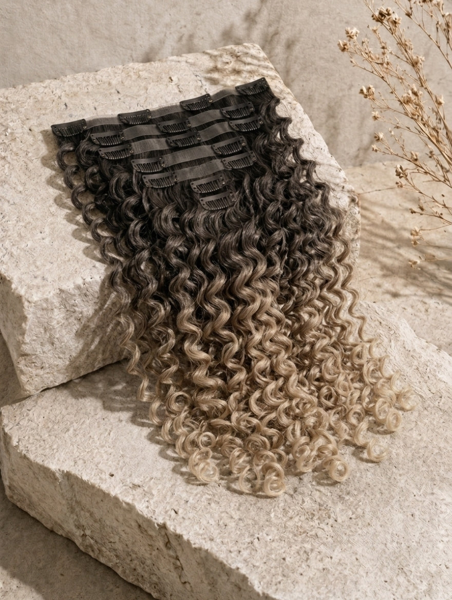 Seamless clip-in curly weft, black-to-light blend ringlet hair with clips