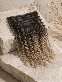Seamless clip-in curly weft, black-to-light blend ringlet hair with clips