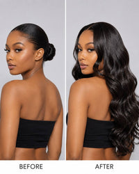 Black wavy crochet hair extensions on a model, side and back view