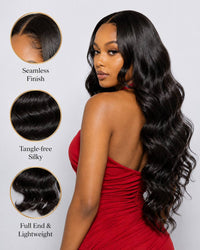 Black wavy crochet hair extensions on a model, long side profile view