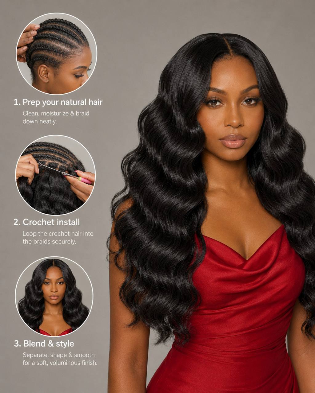 Black wavy crochet hair extensions on a model, front-facing styling