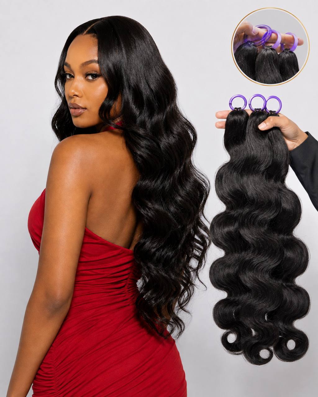 Black wavy crochet hair extensions with clips, plus close-up of the stitched wefts