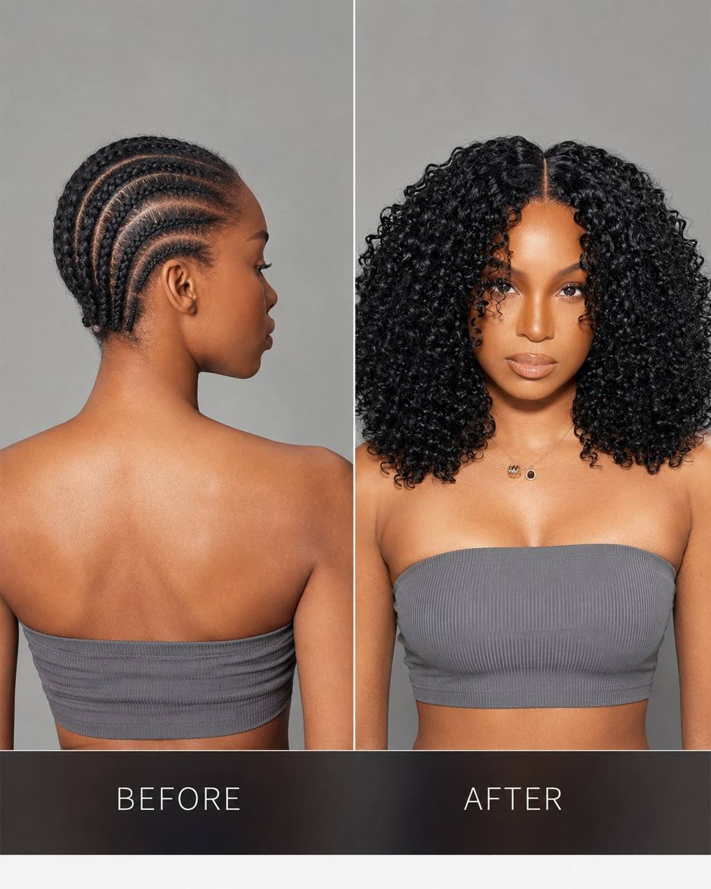 Black curly crochet hair extensions on a model, before and after comparison