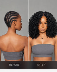 Black curly crochet hair extensions on a model, before and after comparison