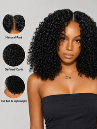 Black curly crochet hair extensions on a model, defined curls and natural part