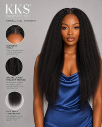 Long straight black crochet hair extensions on a model, seamless finish look