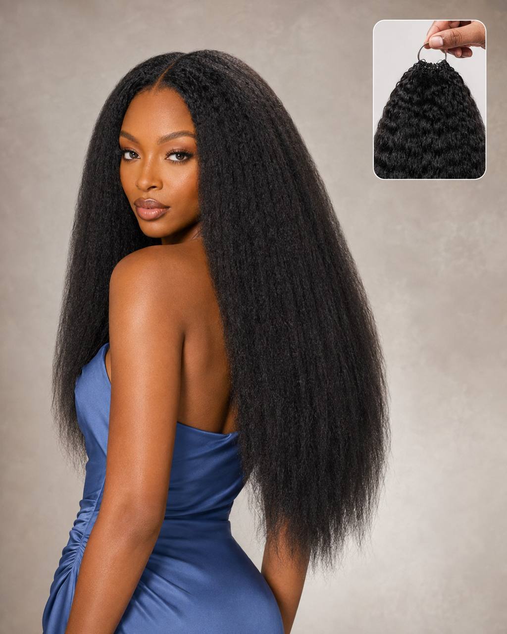 Long black crochet hair wig, straight texture with side view volume