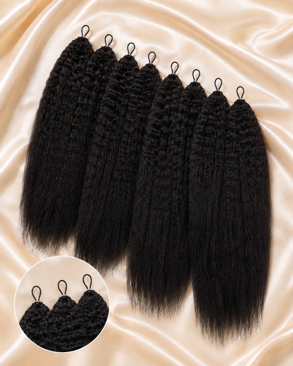 Black crochet hair bundles with looped tops and full, dense strands