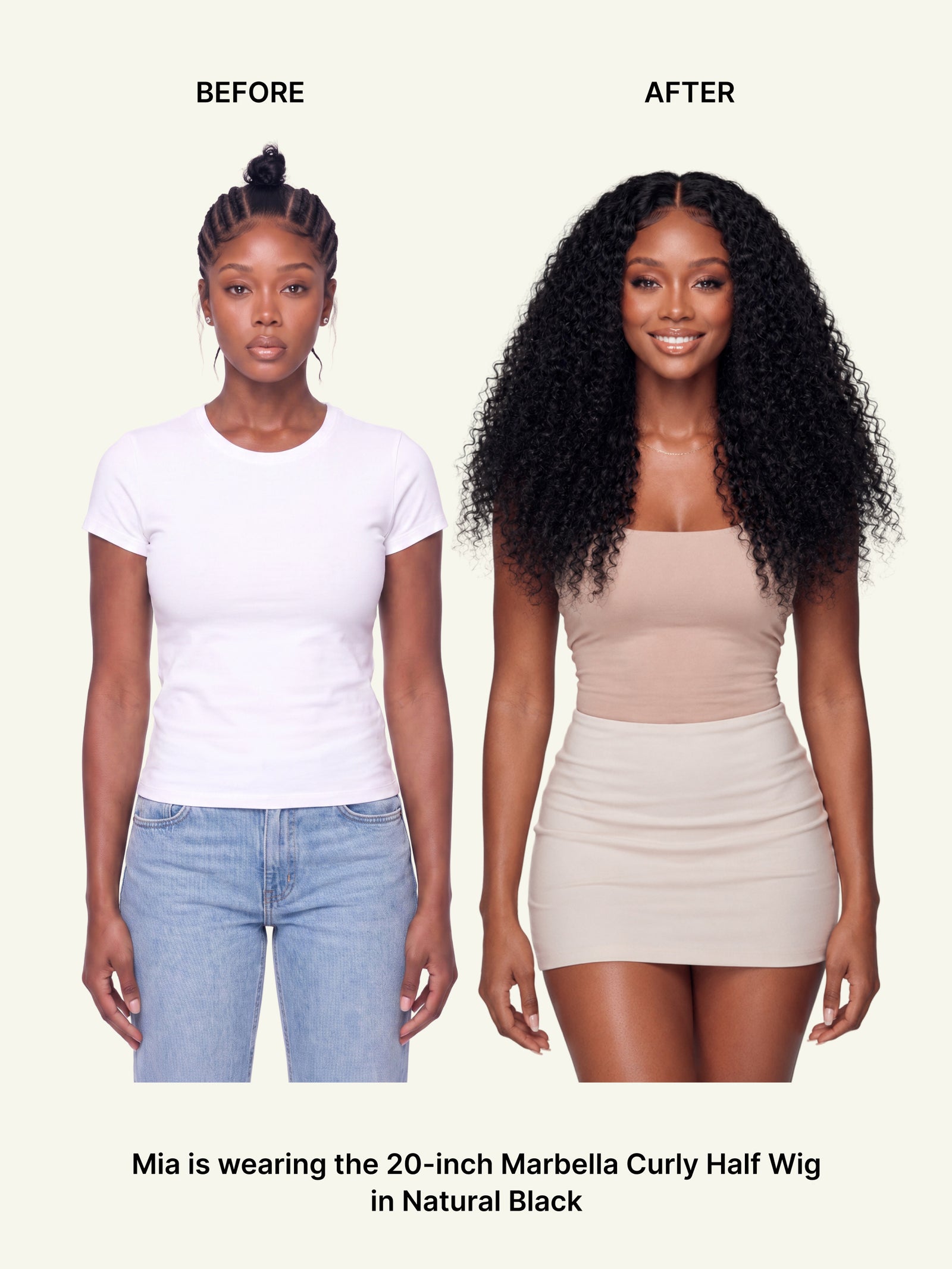 Curly U-part wig with long black voluminous ringlet curls, styled with a center part