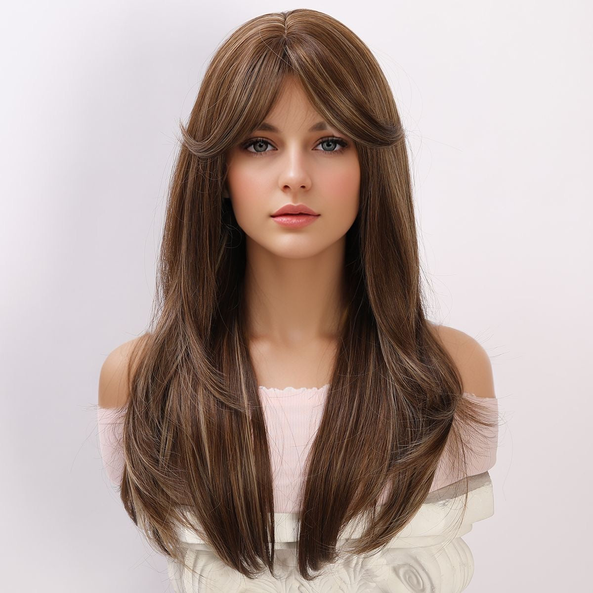 Long brown highlighted synthetic wig with curtain bangs and long wave length