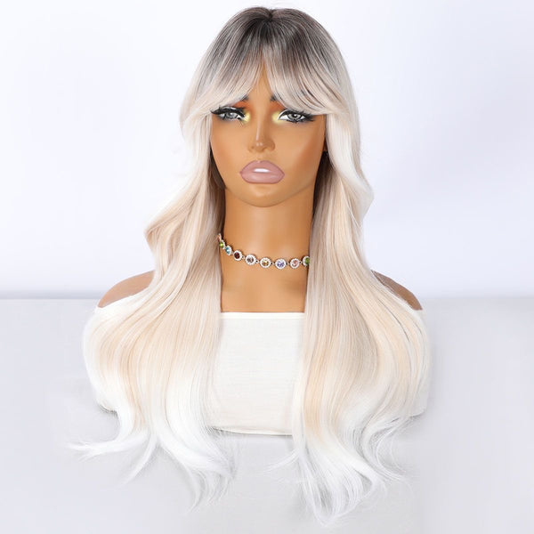 Platinum Long Blonde Wavy Wig with Dark Roots