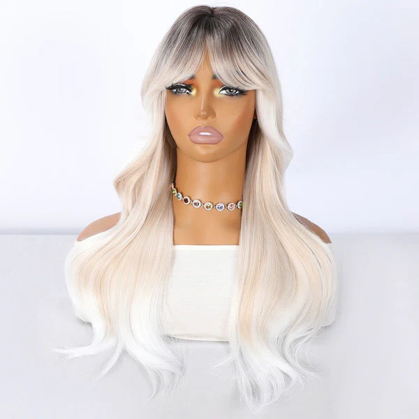 Long synthetic blend wig with bangs, platinum blonde and white wavy hair