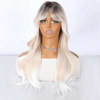 Long synthetic blend wig with bangs, platinum blonde and white wavy hair