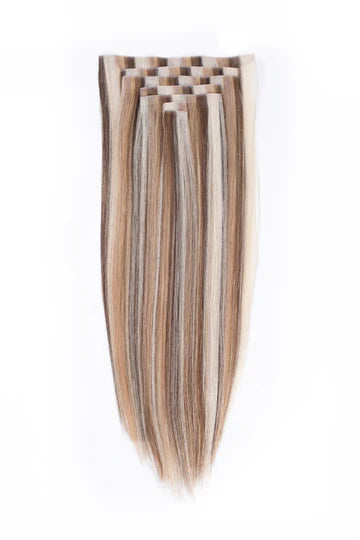 Light blonde straight clip-in hair weft with metal snap clips, mixed stripe tones.
