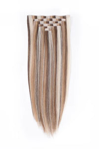 Light blonde straight clip-in hair weft with metal snap clips, mixed stripe tones.