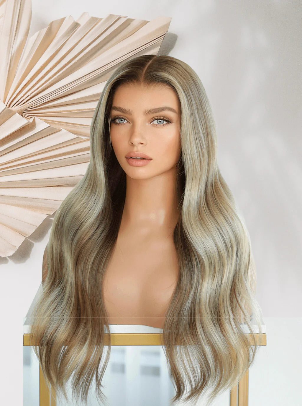 Glueless lace wig with long wavy light blonde hair and center part