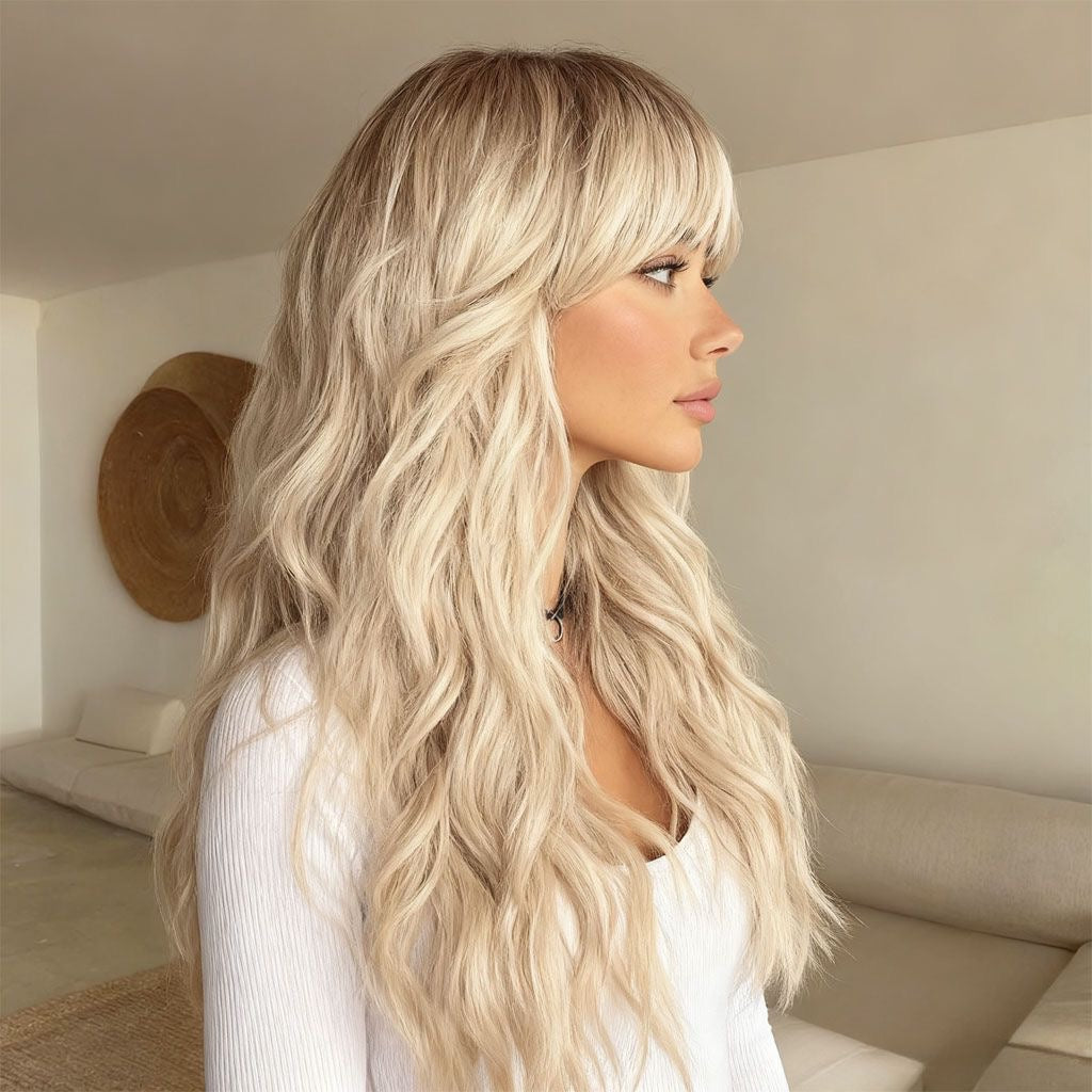 Long blonde wavy synthetic wig with dark roots, side-swept bangs