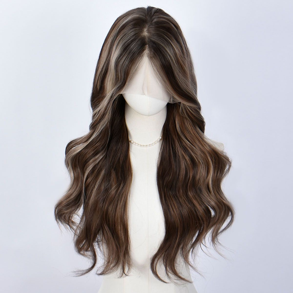 Long dark brown wig with lighter highlights, loose curls, center part, draped on mannequin