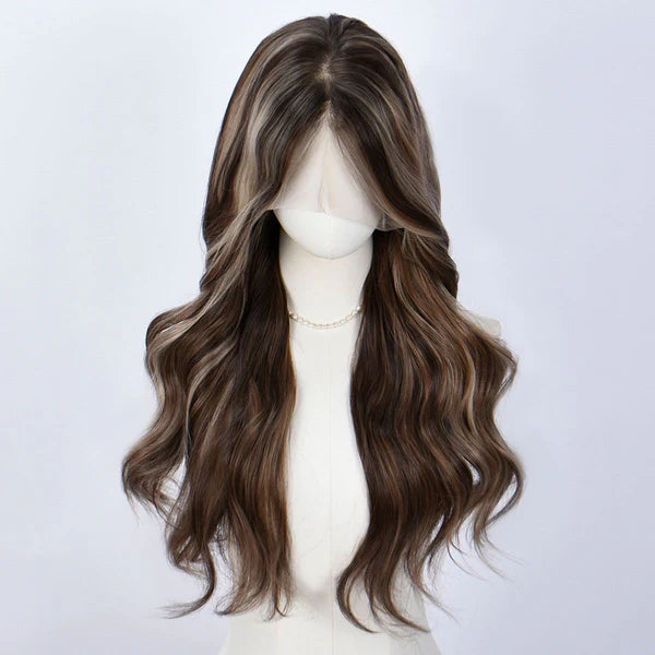 Synthetic blend wig, long wavy dark brown hair with center part